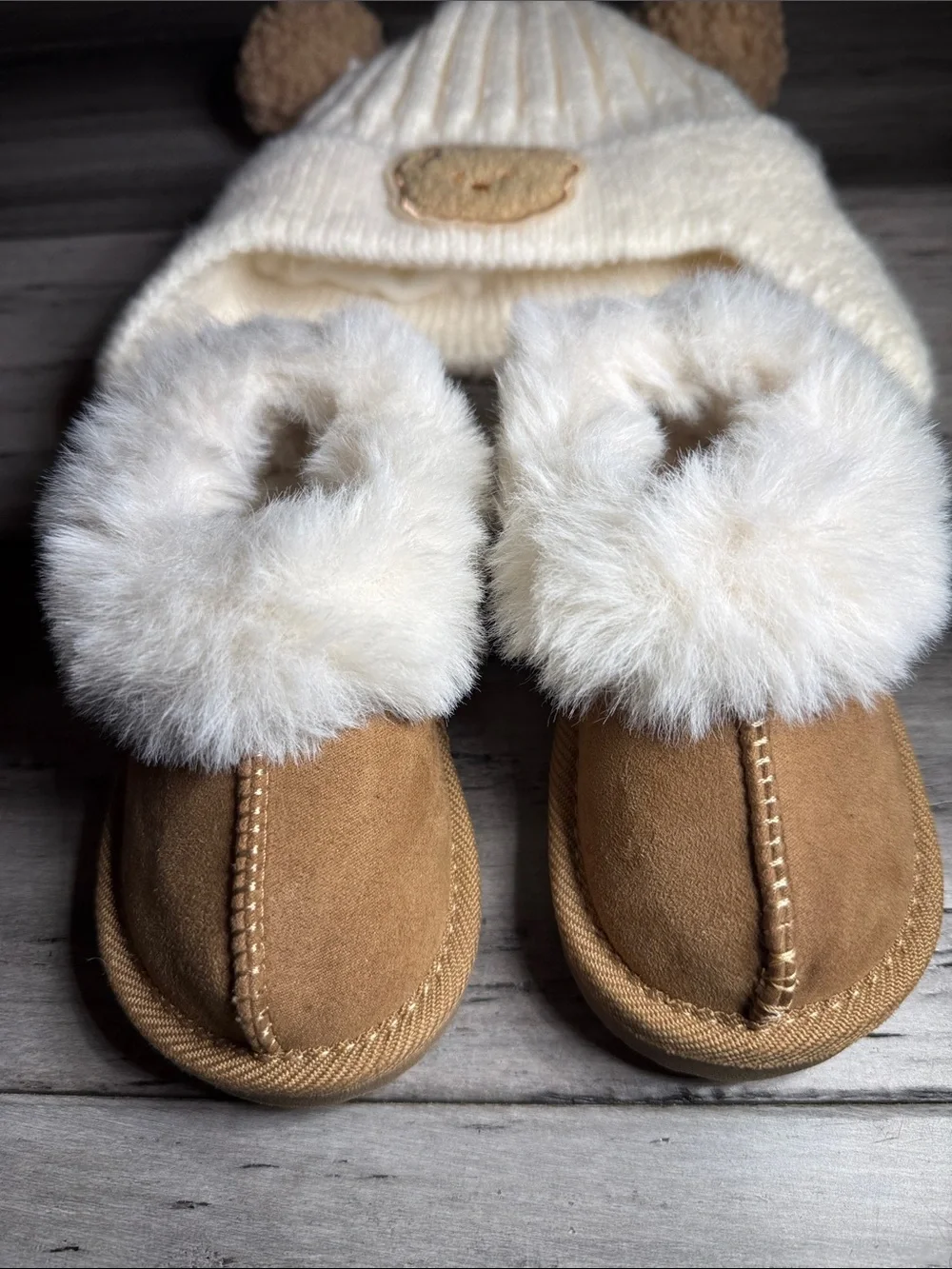 Kids Cream Bear Hat and Tan Fur-Lined Booties Set